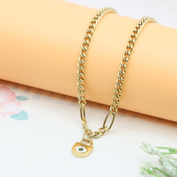 Bold Chunky Chain Necklace with Evil Eye Padlock Charm, XPNL0355 - Picture 2 of 12